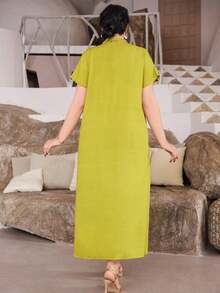 Elegant Arabic Women's V-Neck Dress With Embroidery & Metallic Threads, Graceful & High-End, Green Color, Spring/Summer 2025, Ramadan - Green - View 10