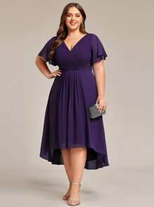 Plus Size Women's Double V-Neck Ruffle Sleeve A-Line Chiffon Mid-Length Formal Bridesmaid Dress - Purple - View 7
