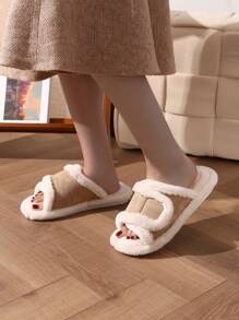 女士露趾拖鞋，钩环扣，柔软毛绒衬里，厚实防滑静音鞋底，适合室内地板 - 米色 - 查看 4