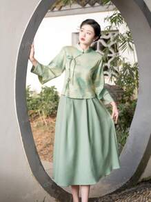 Falda verde de 1 pieza de estilo chino elegante de primavera con cintura elástica lisa y bolsillo, para uso en Año Nuevo Chino, diario, calle, ir y venir, hogar y otras ocasiones para usar vestido chino Hanfu como Bottom