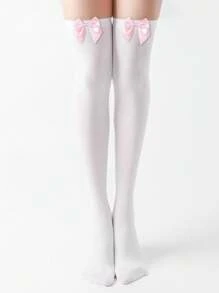 1pair Women's Cute & Sexy Over Knee White Stockings With Bowknot Decoration, Perfect For Cosplay Party - White - View 5