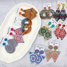 10 pares/paquete Pendientes de madera vintage con estampado colorido para mujeres, set de pendientes de pareja estilo bohemio variado para fiesta, boda, uso diario, regalos de joyería de moda, envío aleatorio