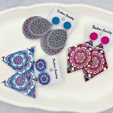 10 pares/paquete Pendientes de madera vintage con estampado colorido para mujeres, set de pendientes de pareja estilo bohemio variado para fiesta, boda, uso diario, regalos de joyería de moda, envío aleatorio