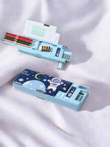 1个多功能塑料学生铅笔盒,双面带磁铁,包含卷笔刀、笔插、橡皮擦隔层、计算器、课程表、可书写姓名栏,铅笔袋,书包,文具 - 彩色 - 查看 18