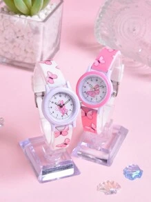 2pcs/Set Girls' Butterfly Soft Silicone Strap Quartz Watch, Creative Pattern Student Wristwatch - Multicolor - View 7