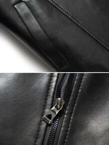 1pc Tween Boy Casual Black PU Leather Baseball Collar Jacket, Spring/Autumn Lightweight Motorcycle Outerwear - Black - View 6