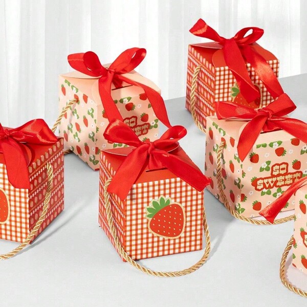 5 peças de caixa de presente de festa de morango, doces, caixa de presente de bolo com tema de frutas (dois estilos aleatórios), lanche, sobremesa, caixa de papelão, decoração de festa de aniversário, chá de bebê, cada