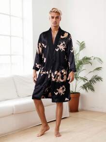 SANOPY Large Size Men's Long Dragon Robe Summer Ice Silk Home Clothes Mulberry Silk Long-Sleeved Robe (Without Shorts) - 黑色 - 查看 4