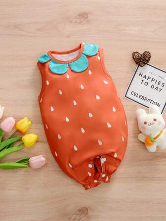 1pc Sleeveless Watermelon Print Ruffled Girl Jumpsuit, Indoor & Outdoor Wear, Spring/Summer