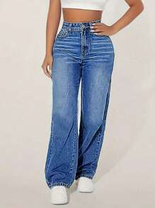 Women's High Waisted Boyfriend Baggy Jeans Straight Leg Casual Denim Pants - Rửa tối - Xem 3