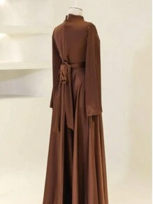 Women's Stand Collar Plain Color Flared Sleeve Cinched Waist Dress, Suitable For Ramadan And Everyday Wear,Modest - Coffee Brown - View 4