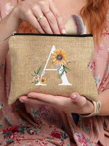1 Peça Nécessaire com Estampa de Letra de A a Z, Presente para Meninas, Bolsa de Armazenamento com Padrão de Letra Fofo Retrô Simples da Moda com Estampa, Nécessaire para Armazenamento de Itens Pequenos, Bolsa para Cosméticos, Bolsa Leve e Dobrável para Armazenamento, Bolsa Simples para Compras, Nécessaire Presente para Professores, Armazenamento para Enfermeiros, Médicos e Professores, Adequado para Armazenamento de Cosméticos de Viagem Pessoal - Caqui - Visão 2