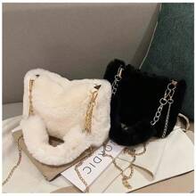 Fashion Women Fluffy Shoulder Bags Female Winter Chain Underarm Bag Solid Color Handbag Soft Plush Handle Bag - Beige - View 2