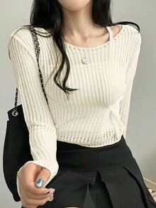 时尚镂空长袖针织毛衣，初秋基本款设计上衣 - 杏色 - 查看 5