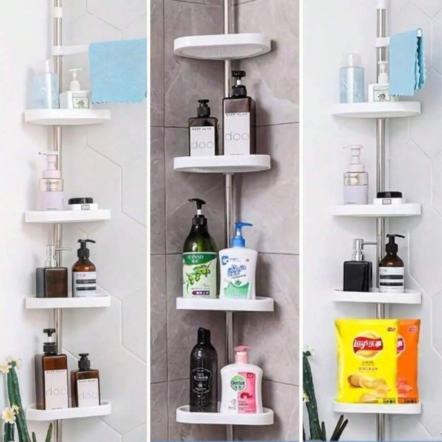 Adjustable Bathroom Corner Shelf Up To 3.20 Meters With 4 Metal Shower Box Trays - trắng - Xem 1