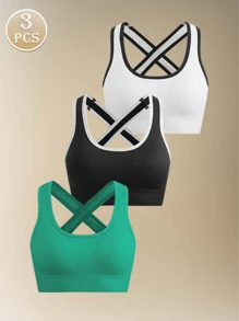 3pcs Women Seamless Comfortable Single Layer Thin Removable Pad Racerback Design Sports Bra - Multicolor - View 1