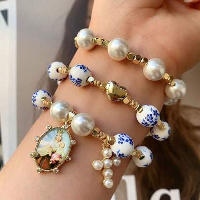 1 件，手工制作的心形手链珍珠贝壳珠手链可调节编织吊饰流苏宗教手链女士