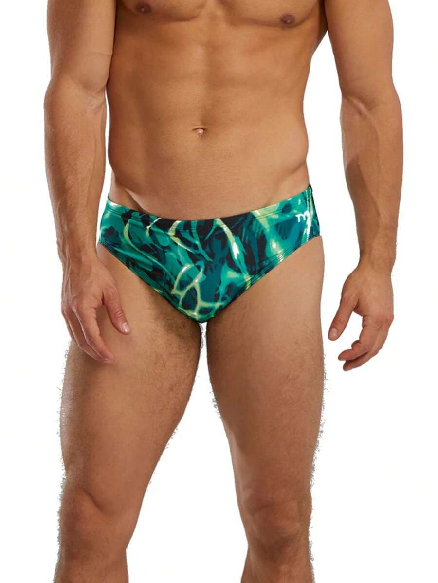 Fashionable Men's Triangle Beach Swim Trunks, Professional Digital Print Competitive Swimming Pool Shorts - Green - View 1