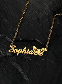 1 pièce Collier pendentif personnalisé avec papillon et nom - Design élégant et simple, matériau en acier inoxydable, bijou de mode personnalisé, cadeau parfait pour elle, pour un port quotidien et pour offrir