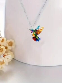1 set de joyería minimalista con collar y aretes de colgante acrílico con estampado de colibrí esmaltado