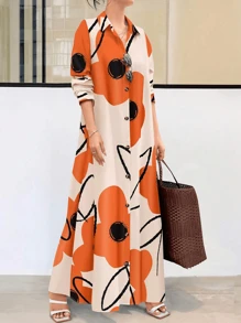 Spring And Summer Women's Lapel Floral Print Long Sleeve Maxi Shirt Dress,Vacation Beach Outfits - 橘色 - 查看 1