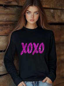 Women Valentine's Day Themed XOXO Alphabet Glitter Crystal T-Shirt Fashion Print Long Sleeve Round-Neck Loose Fit Tops Streetwear