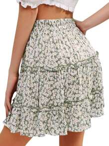 Women's Ruffle Floral Short Skirt High Waist A-Line Tie-Up Pleated Skirts For Summer - màu xanh lá - Xem 3