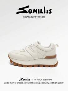 somiliss 5cm Platform Lace-Up Sports Casual Shoes For Women, Black & White Faux Leather & Fabric, Comfortable Tennis/Running Sneakers, Fashion Classic Outdoor Walking Shoes, Spring 2025 New Arrival - Beige - View 3