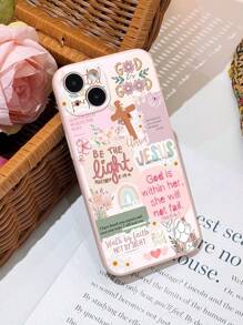 1pc Retro Newspaper Collage Religious Jesus & God Slogan Flower Smiling Face Pattern Light Pink Perforated Full Coverage Phone Case Compatible With IPhone 11/12/13/14/15 Pro Max - Multicolor - View 2