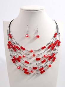 1pc Middle Eastern Style Bamboo Knot Layered Necklace & 1 Pair Glass Bead Earrings, Fashionable Jewelry Set For Women