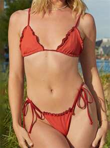 Women's Two Piece Bathing Suits Sleeveless Solid Color Ruffle Bra Low Waist Thong Sets - Red - View 1