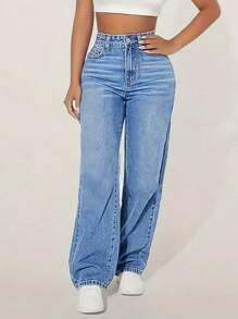 Women's High Waisted Boyfriend Baggy Jeans Straight Leg Casual Denim Pants - 中等水洗藍 - 查看 3
