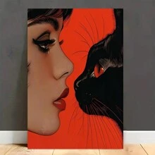1 PC Home Decoration Retro Simple Cat And Woman Poster, Retro Style Red And Black Murals, Home Decoration 1 Canvas Poster With Wooden Frame, Sizes Available - Nhiều màu - Xem 4