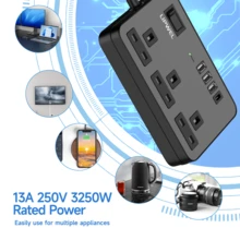 电源 7 合 1 扁平插头电源插座延长线，4 个 USB 充电端口延长插座，壁挂式，一键电源控制，过载保护，13A 3120W 电源插座，黑白金，适用于家庭办公室