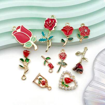 5/10 件时尚玫瑰花情人节饰品金属珐琅红玫瑰吊坠适用于 DIY 手链项链耳环女士珠宝制作用品情侣礼物