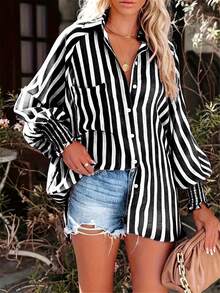 Women's Striped Long Sleeve Woven Shirt Collar Top, Bishop Sleeve Design, Asymmetric Hem, Button Front Detail, Perfect For Autumn/Winter Casual Black - Black - View 5
