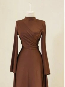 Women's Stand Collar Plain Color Flared Sleeve Cinched Waist Dress, Suitable For Ramadan And Everyday Wear,Modest - Coffee Brown - View 1