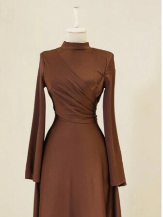 Women's Stand Collar Plain Color Flared Sleeve Cinched Waist Dress, Suitable For Ramadan And Everyday Wear,Modest