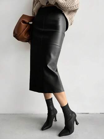 Women's Elegant Commuter Elastic PU Material Split Midi Skirt