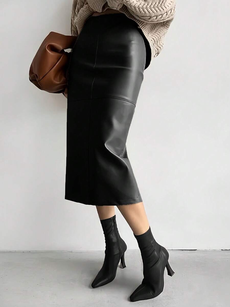 Women's Elegant Commuter Elastic PU Material Split Midi Skirt - Black - View 1