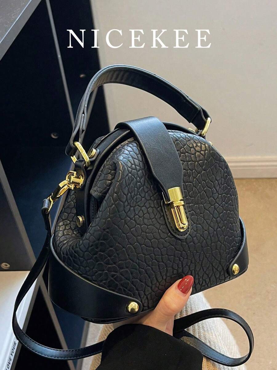 新款时尚手提包，多功能斜挎包，优雅单肩包，小众设计女包，撞色高端托特包，日常通勤包 - 黑色 - 查看 1