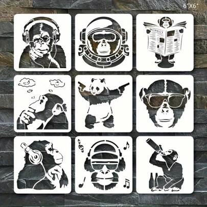 9 Stück Schimpansen Schablonen Set, wiederverwendbare Schablonen zum Bemalen, Zeichnen auf Holz, Böden, Wänden und Fliesen