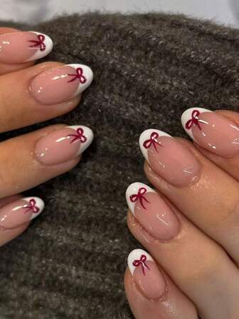 24Pcs Short Oval Bow Pattern Design White French Tip Press On Nails Short Fit Perfectly Acrylic Fake Nails Set,Include:1Pc Jelly Glue And 1Pc Nail File ,Valentine'S Day Nails & French Tip Nails For Women And Girls Daily Work Study And Party Use Nail Supplies Nails