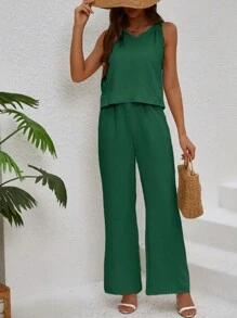 Solid Color Holiday Jumpsuit, Contrast Lace V-Neck Tank Top And High-Waisted Stretch Wide-Leg Pants - Green - View 3
