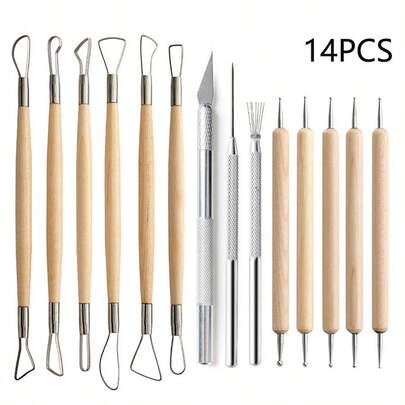 14pcs Ceramic Art Tools Set, Including Clay Sculpting Needle, Detailing Needle, Dotting Pen, Flat Wire, Art Knife
