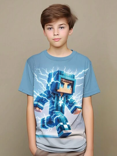 青少年男孩休闲装，酷炫卡通 T 恤，卡通时尚短袖圆领 T 恤，儿童户外服装，四季流行热销商品