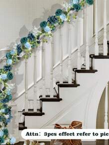 1pc Artificial Eucalyptus Garland With Flowers, Wedding Table Flower Garland Decorations, Floral Rose Garland For Centerpieces Backdrop Wall Flower Vines For Room Decor (Dusty Blue)