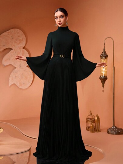 فستان شيفون مطوي أنيق بأكمام واسعة مع حزام الخصر وتنورة مطوية، فستان سهرة رسمي (الحجم كبير، ينصح العملاء بالرجوع إلى جدول المقاسات عند الطلب)