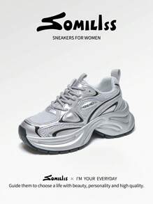 somiliss 1双女士时尚系带皮革网面舒适休闲运动鞋，厚底增高6厘米，低帮户外步行鞋，银色，2026年春季新款