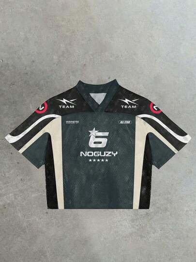 Camiseta de manga corta con cuello en V para hombre con elemento de letra y coche de carreras del 2025, versátil para primavera/verano